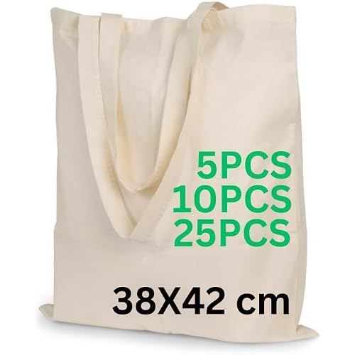 Enviroflex Bolsas de Asas Premium de Lona 100% Algodón, Bolsas de Compra Sostenibles, Ecológicas y Reutilizables con Asas Largas, 38x42 cm (Paquete de 5, Natural)