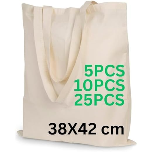 Enviroflex Bolsas de Asas Premium de Lona 100% Algodón, Bolsas de Compra Sostenibles, Ecológicas y Reutilizables con Asas Largas, 38x42 cm (Paquete de 5, Natural)