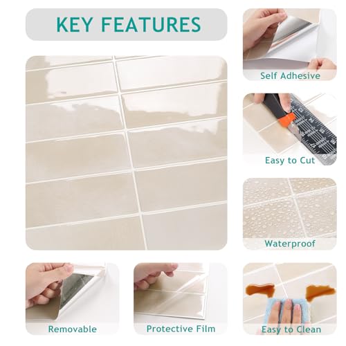 VEELIKE Rectangular Subway Peel and Stick Tile Backsplash Beige Peel and Stick Backsplash for Kitchen 12 Sheets 12''x12'' Self Adhesive Stick on Back Splash Wall Tile Stickers for Bathroom Renters RV by VEELIKE - Image 8