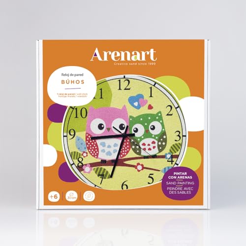 Arenart | Lámina Reloj Búhos Ø30 cm | para Pintar con Arenas de Colores | Manualidades para Niños | Dibujo Infantil | +6 años