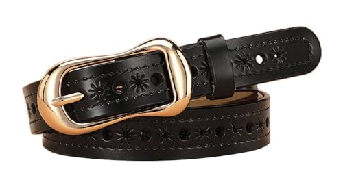 FGSS Women Casual Hollow Belts Gold-Buckle Fashion Skinny Leather-Belts Cowgirl Western Leather Belt for Pants Jeans Dresses