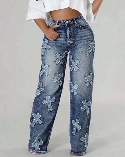 Womens High Waist Cross Jeans Stretchy Y2K 90s Baggy Casual Plain Straight-Leg Denim Jeans2