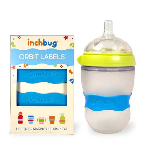 InchBug Orbit Labels - Baby Bottle Name Labels for Daycare, Sippy Cup Bands - Engraved Silicone, Reusable, Dishwasher Safe, Matching Color Personalization, 4-Pack (Deep Sky Blue)