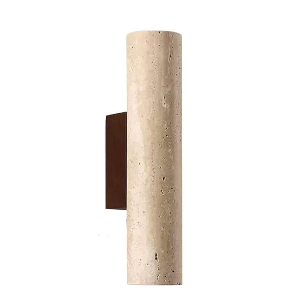 GUOGUOSM 11.8in Cylindrical Wall Lamp, Modern Style Indoor Wall Sconce, Natural Yellow Travertine Lampshade with Wood Base Wall Light, Living Room Bedside Corridor Decorative Light Fixtures