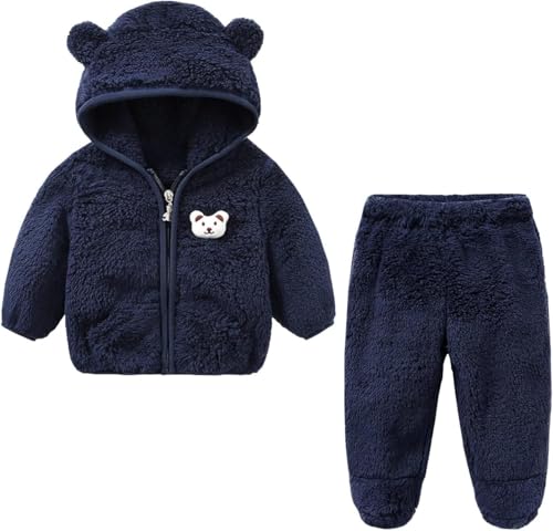 Image of Baby Teddy Bear Ear Soft Flannel Long Sleeve Hoodie & Leggings Unisex All Season Clothing Set For Baby Boys And Baby Girls