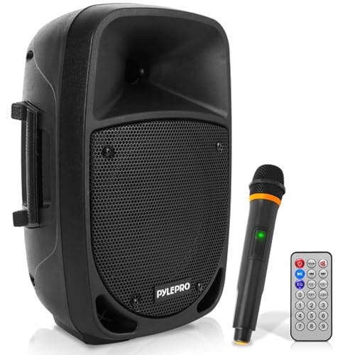 Pyle 800W Portable Bluetooth PA Speaker - 8’’ Subwoofer, LED Battery Indicator Lights w/ Built-in Rechargeable Battery, MP3/USB/SD Card Reader, and UHF Wireless Microphone - Pyle PSBT85A,Black
