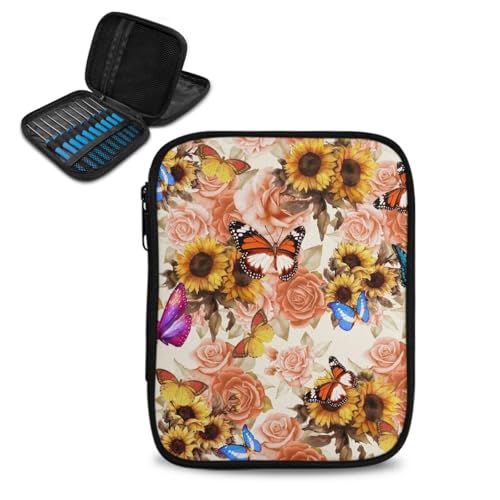Image of Crochet Hook Case Sunflower Print Crochet Hook Holder Portable Crochet Hook Storage Bag with Web Pockets Suitable for Crochet Needles /Knitting Accessories