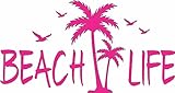 Barking Sand Designs Beach Life Palm Trees Birds Ocean - Die Cut Vinyl Window Decal/Sticker for Car/Truck (Pink)