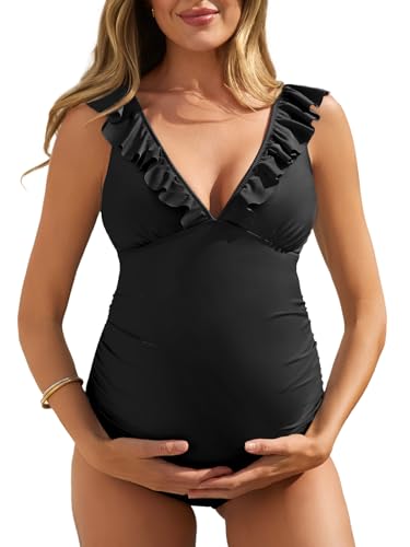 Mujer Trajes de Baño Una Pieza para Premamá Ropa de Playa Embarazada Volantes Negro L