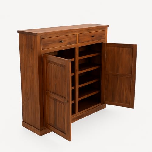 Image of Solid Sheesham Wood Shoe Cabinet with 2 Doors & 2 Drawers | Entryway Shoe Rack Storage Organizer | Natural Finish | 20 Pairs | No Assembly Required