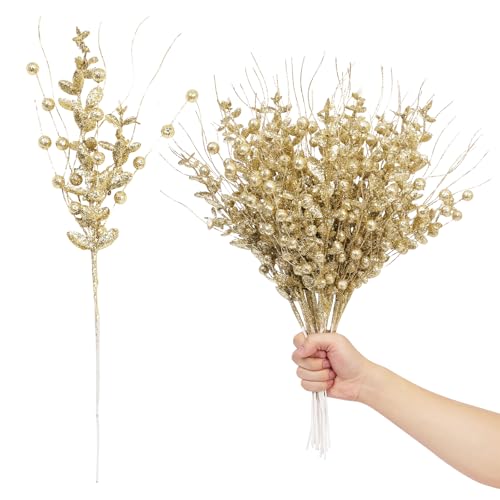 24 Pack Christmas Tree Decorations Picks and Sprays, Christmas Ornaments Artificial Glitter Berry Stems Branches Picks Twigs for Xmas Tree Vase Filler Home Holiday Decor (Gold-A)