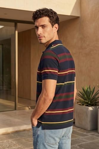 Image of Louis Philippe Men's Slim Fit Striper Design Aesthetic Solid Pique Half Sleeve Polo Tshirt with Stretch