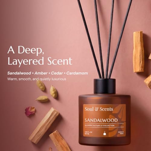 Image of Soul & Scents 50ml Sandalwood Reed Diffuser Set | Warm Woody Aroma of Creamy Sandalwood & Cedar | Get 5 Rattan Reed Sticks | Smoke Less Room Freshener for Home, Bedroom, Living Room & Office