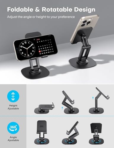 Image of DeskPro K7 Adjustable Mobile Phone Stand with Metal Base | Desktop Holder for Smartphones & Tablets | Anti-Slip Pad | Foldable and Angle Adjustable Design | Study Table Phone Dock - Black