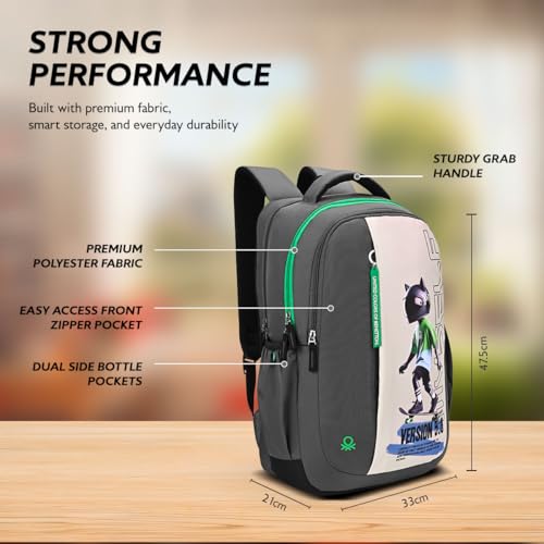 Image of United Colors of Benetton Unisex High-School Backpack METAVERSE - GREY | 3-Compartment Large Capacity Bag with Airmesh Padding | Backpack for School Girls & Boys | 33L Capacity