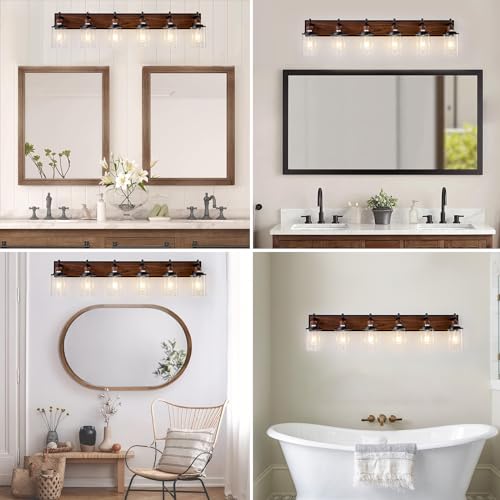 Lanhall 6-Light Farmhouse Bathroom Light Fixtures Vintage Bathroom Vanity Lights Over Mirror Black and Wood Painted Metal Vanity Light for Bathroom with Glass Shades E26 Socket by Lanhall - Used condition - Image 9