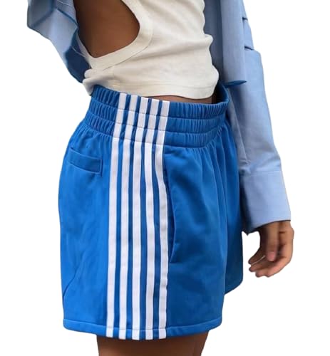 Image of Betrodi Women Y2k Striped Shorts Elastic Waist Side Stripe Casual Lounge Short Pants Bottoms Loose Workout Sweat Shorts (Casual Blue, M)