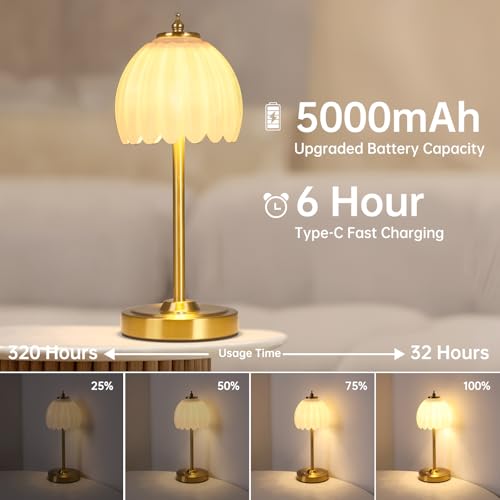 Image of Shenmoyl Set of 2 Tulip Table Lamp with 5000mAh Battery & Touch Control, Cordless Table Lamp with 3 Colors, Dimmable Rechargeable Table Lamps for Bedroom, Living Room, Entryways (White Tulip)