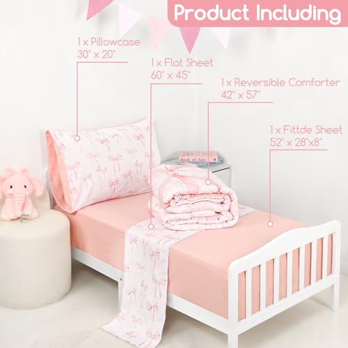 Image of 4 Piece Toddler Bedding Set, Ultra Soft and Breathable Toddler Comforter Sets for GirlsIncludes Quilted Comforter, Fitted Sheet, Flat Sheet and Pillowcase, Pink Bow
