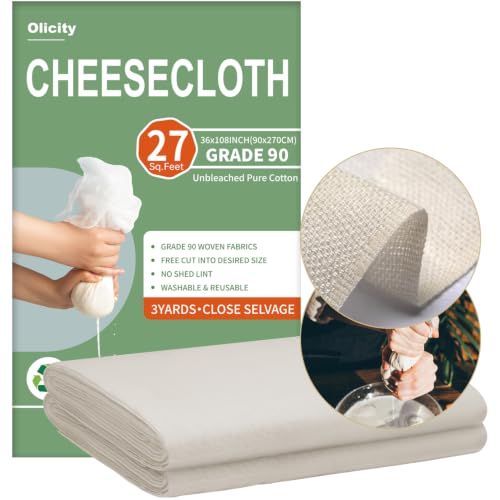Image of Olicity Cheese Cloths, Grade 90, 27 Sq Feet, Reusable Cheese Cloth with Closed Edges Unbleached Cotton Cheesecloth for Straining, Fine Mesh Fabric Muslin Cloth for Cooking, Rice,Sushi,Crafts - 3 Yards
