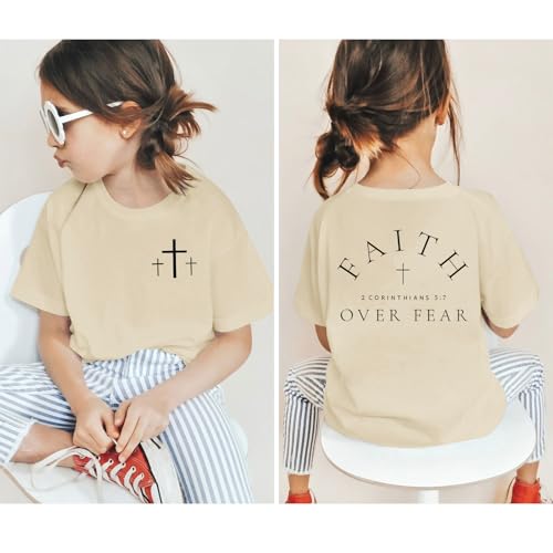 Image of Girl's Faith Over Fear Shirt Christian Bible Verse Shirts Cross Graphic Tees for Tween Girls Kid Inspirational Tops