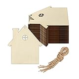 Creaides House Wood DIY Craft Cutout Wooden House Shaped Hanging Ornaments with Hole Hemp Ropes Wood Tags for Wedding Birthday Christmas Party Decoration (3.54x3.94 in, 20-Pack)