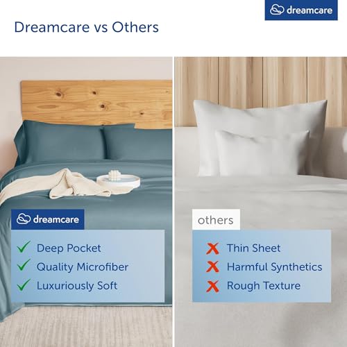Image of DREAMCARE California King Sheet Sets - 4 pcs Breathable Cooling Sheets - up to 21 inch Extra Deep Cal King Sheets with Side Pockets - Extra Soft 100% Brushed Hypoallergenic Hotel Luxury - Mineral Blue