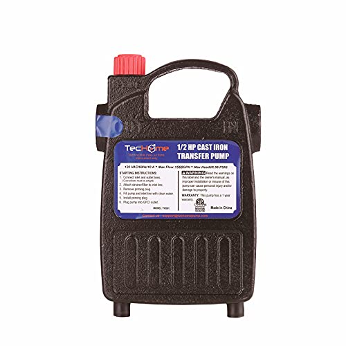 Image of TecHome 1 /2 HP Cast Iron Transfer Pump, 120V 1560GPH Water Pump, High Pressure Transfer Pump with Suction Strainer and Brass Connectors.