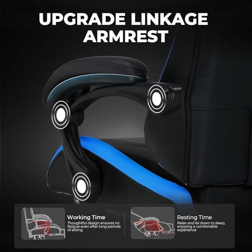 Image of GTPLAYER Gaming Chair High Back Computer Chairs with Foot Rest for Adults, Ergonomic Height Adjustable Recliner Chair 300lbs with Linkage Armrest and Lumbar Support for Home Office, Blue