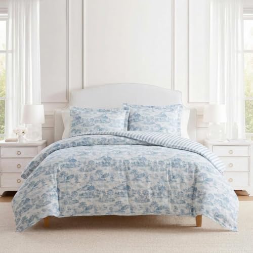 Image of Martha Stewart - Twin Comforter Set, 100% Silky Smooth Cotton Sateen Bedding for Year Round Comfort, 2 Piece Bed Set with Matching Pillowcase (Farmhouse Toile Blue)