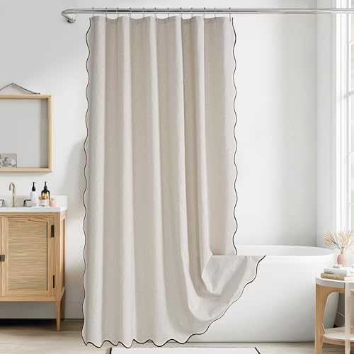 KGORGE Linen Textured Scalloped Border Shower Curtain, Boho Heavy Duty Farmhouse Washable Waterproof Shower Curtain Set for Bathroom Hotel Bathtub Decor, 72 x 72 inches Long, Hooks Included, Linen