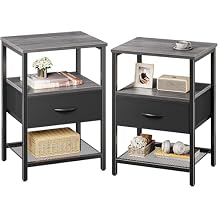 Huuger Nightstand Set of 2, Night Stand with Fabric Drawer, Mesh Shelf, Side Table with Storage, Fabric Drawer Dresser, Open Shelf, Metal Frame, Bedroom, Charcoal Gray