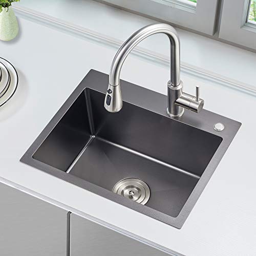Rovogo 20X16X9 Inch Top Mount Single Bowl Kitchen Sink With 2 Hole, 304 Stainless Steel Handmade Drop-In Bar Prep Small Sink With Basket Strainer, Black #TOP1