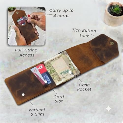 Image of Leatherful Flip - Top Grain Leather Vertical Slim Wallet for Men | Easy Quick Card Access | Compact Front Cash Pocket & Button Lock | Minimalist Travel & Daily Carry Wallet (Vintage Brown)