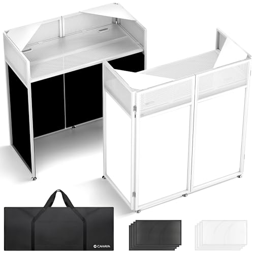 CAHAYA DJ Booth Ständer Tragbarer – Faltbarer DJ-Tisch mit Schwarzer & Weißer Abdeckung, Metallrahmen, Kabelöffnungen & Tragetasche, Für Laptop & Controller, 102×51cm, Weiß