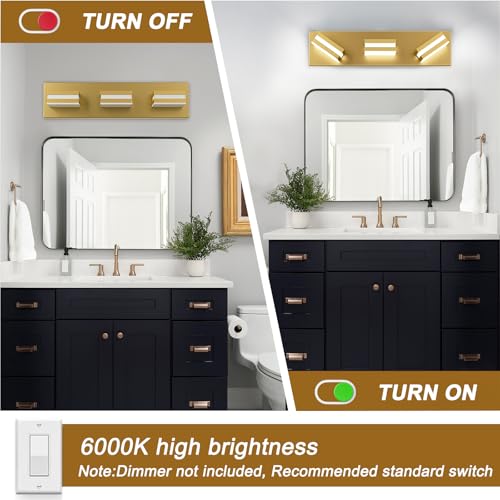 Image of IZORRO LED Modern Bathroom Lights Fixtures(3-Light,Dimmable,360Rotate),Brushed Glod Acrylic Wall Lighting,Vanity Lights for Bathroom Over Mirror - 6000k 16In (No Assembly Required)