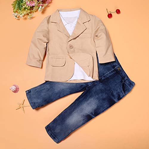 Image of MYGBCPJS 3Pcs Boy Handsome Outfit Set Plaid Shirt + T-Shirt + Suspender Jean Sets