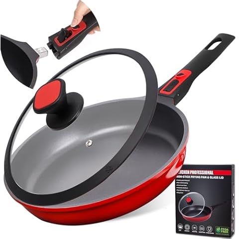 DIIG Nonstick Frying Pan Skillet with Silicone Lid, 11.5 Inch Oven Safe Chef Pan for Cooking Saute Omelet Sauce Pan Cast Aluminum Red Cookware with Detachable Handle, Induction All Stoves Compatible Cover