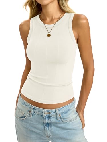 Image of EasyGala Womens Ribbed Seamless Tank Knit Crew Neck Shirt Summer Fitted Sleeveless Top Casual Basic High Neck Clothes