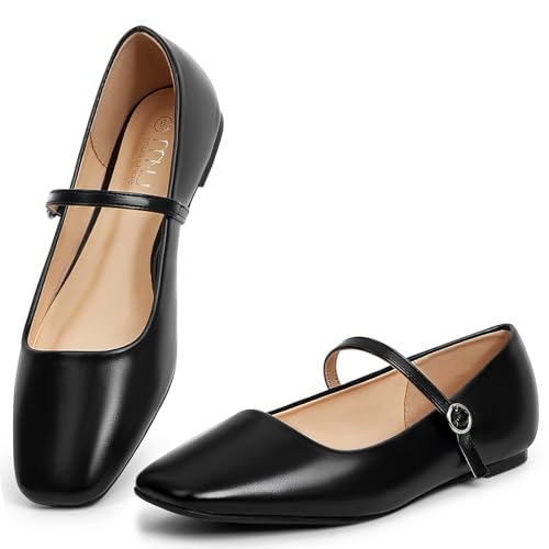 MUSSHOE Mary Jane Flats for Women: Classic Square Toe Ballet Flats with Strap - Comfortable Dressy Shoes for Teachers & Office, Black 6