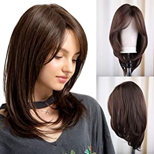 ASSU Fashion Women Full Head HAIR WIG Straight Dark Brown full head Wigs with Bangs Long Layered Shoulder Length Natural Looking Heat Resistant Wig