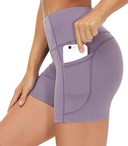 Image of THE GYM PEOPLE High Waist Yoga Shorts for Women's Tummy Control Fitness Athletic Workout Running Shorts with Deep Pockets
