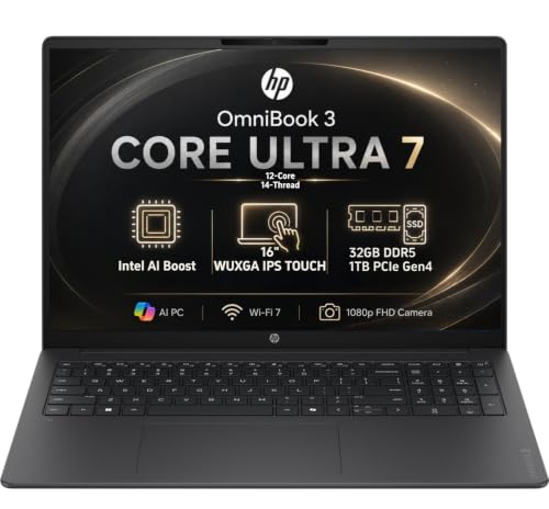 Image of HP OmniBook 3 16 inch WUXGA Touch Laptop, 12-Core Intel Core Ultra 7 AI Processor, 32GB DDR5 RAM, 1TB PCIe SSD, Wi-Fi 7, 1080P FHD Camera, Windows 11