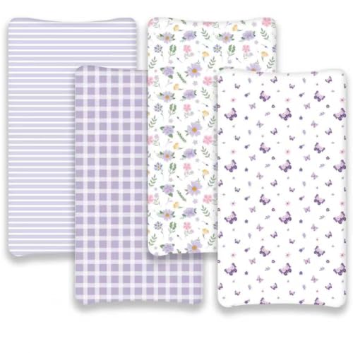 Image of 4 Pack Butterfly Baby Crib Sheets for Baby Girls Purple Crib Fitted Sheets for Standard Size Crib and Toddler Mattress Soft and Breathable (Changing Pad)