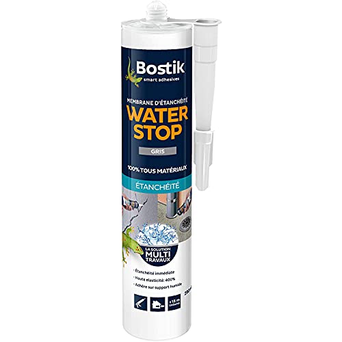 Bostik Membrane d'Étanchéité Waterstop – Jointe, Colle, Rebouche – Réparation de Fuites, Infiltrations, Fissures – Tous Matériaux – Directe Sans Primaire – MS Polymère – Gris – Cartouche 290 ml