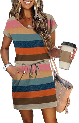 Image of OFEEFAN Summer Dresses for Women 2026 V Neck T Shirt Casual Mini Dresses Tie Waist Sundresses with Pockets