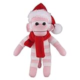 Adorable Pink Sock Monkey (Plush) with Red Christmas Hat and Scarf Toy Gift - for Kids, Babies, Teens, Girls and Boys - 10 inches