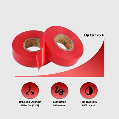 Lichamp 10-Pack Red Electrical Tape Waterproof, 3/4 In X 66Ft, Industrial Grade Ul/Csa Listed High Temp Electrical Tape Electric Super Vinyl #TOP3