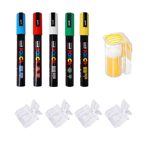 BeeCastle 10pcs Queen Bee Marking Kit, 5 POSCA Queen Bee Marker Pens(Green, Blue, Yellow, White and Red), 4 Queen Bee Catcher Cage Clips and 1 Queen Bee Marking Bottle for Beekeeping Supplies