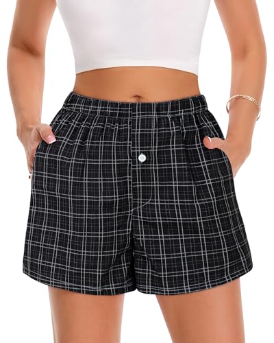 Image of Women Boxer Shorts Summer Gingham Pj Casual Plaid Bottoms with Pocket